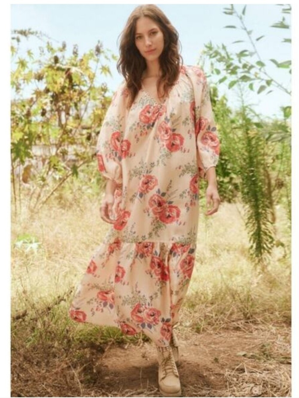 NWT THE GREAT. The Vistage Silk Echo Rose Print  V-Neck Tiered Maxi Dress - Picture 4 of 10